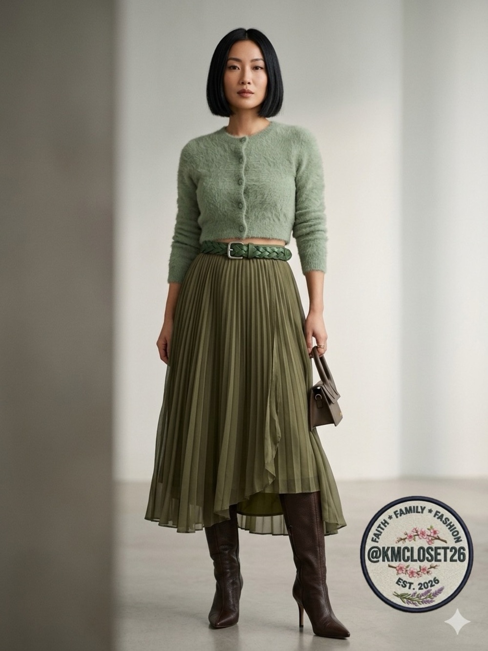 H&M SHEER Pleated Chiffon Midi Skirt – Olive Green – Size 2 (EUC) *
